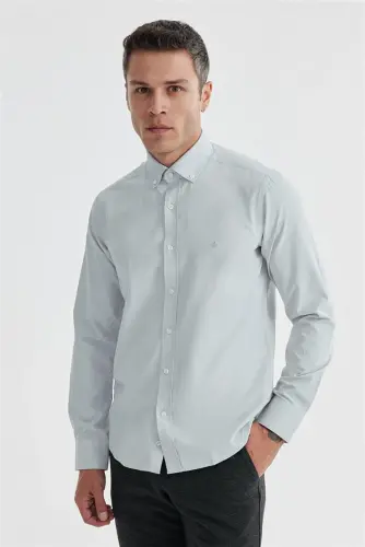 Gri Slim Fit Desenli Pamuklu Düğmeli Yaka Gömlek - 2