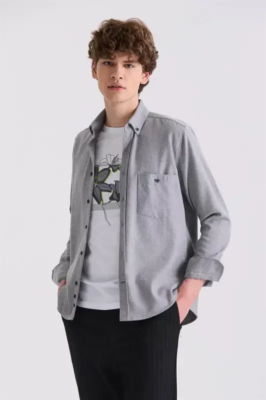 Gri Slim Fit Düğmeli Yaka Pamklu Cepli Gömlek - 1