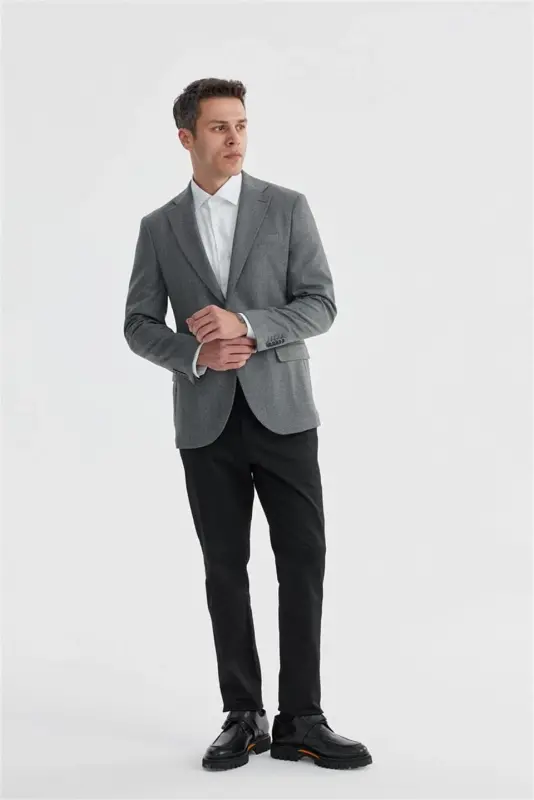 Gri Slim Fit Ekose Kareli Çift Yırtmaçlı Ceket - 1