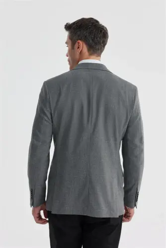 Gri Slim Fit Ekose Kareli Çift Yırtmaçlı Ceket - 4