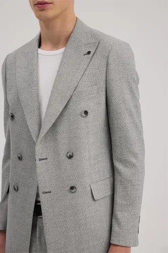 Gri Slim Fit Ekoseli Kruvaze Takım Elbise - 1