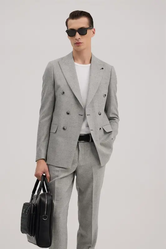 Gri Slim Fit Ekoseli Kruvaze Takım Elbise - 2