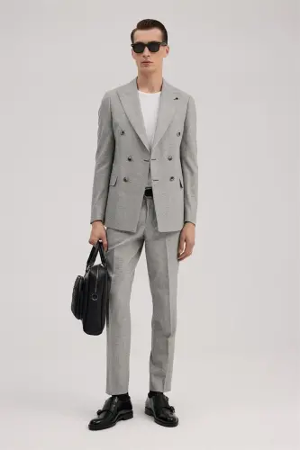 Gri Slim Fit Ekoseli Kruvaze Takım Elbise - 3