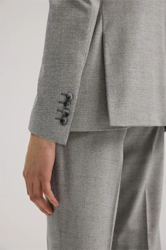 Gri Slim Fit Ekoseli Kruvaze Takım Elbise - 4
