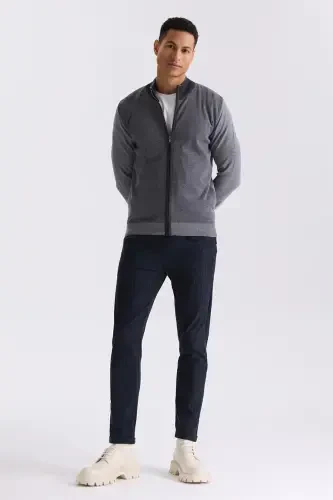 Gri Slim Fit Fermuarlı Triko Hırka - 2