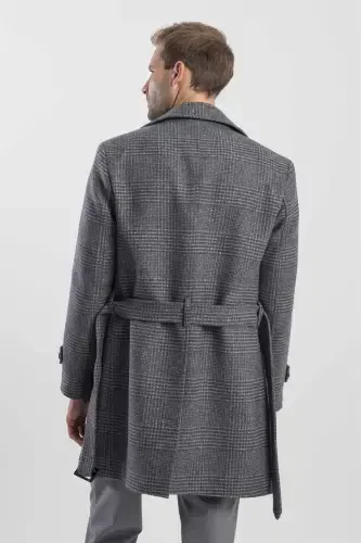 Gri Slim Fit Gemici Yaka Ekoseli Yünlü Kaban - 4