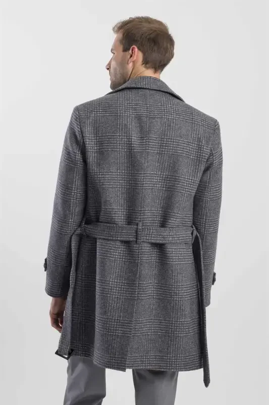 Gri Slim Fit Gemici Yaka Ekoseli Yünlü Kaban - 4