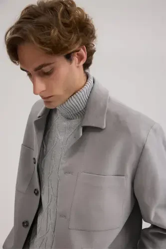 Gri Slim Fit Gömlek Yaka Mont - 3