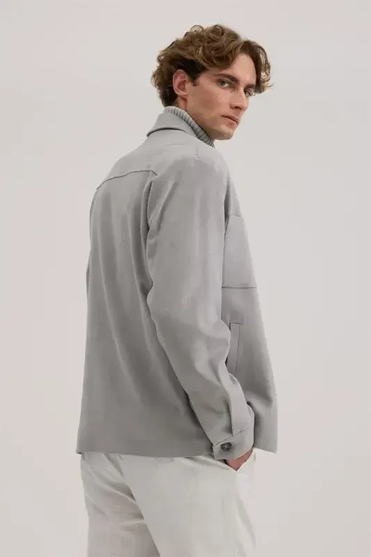 Gri Slim Fit Gömlek Yaka Mont - 4