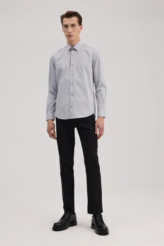 Gri Slim Fit İtalyan Yaka Klasik Kravatlık Pamuklu Gömlek - JAKAMEN