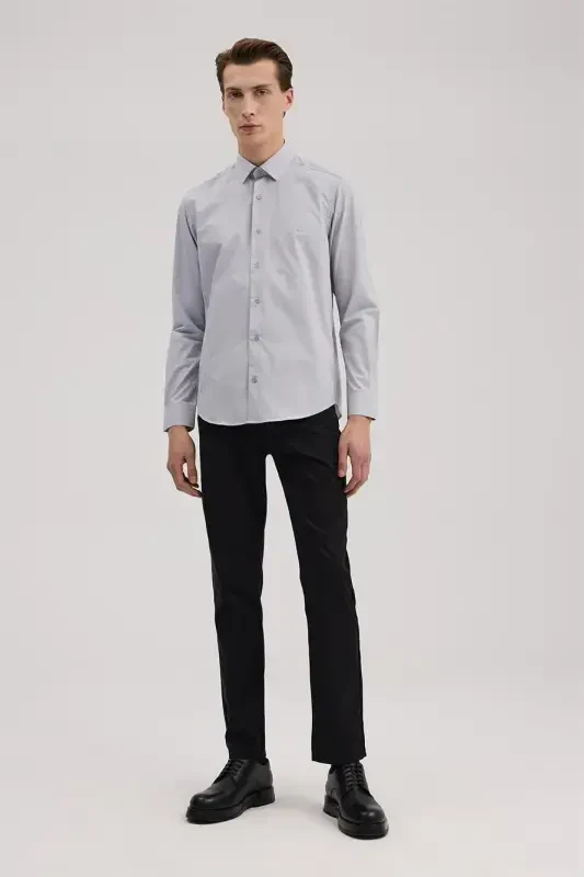 Gri Slim Fit İtalyan Yaka Klasik Kravatlık Pamuklu Gömlek - 1