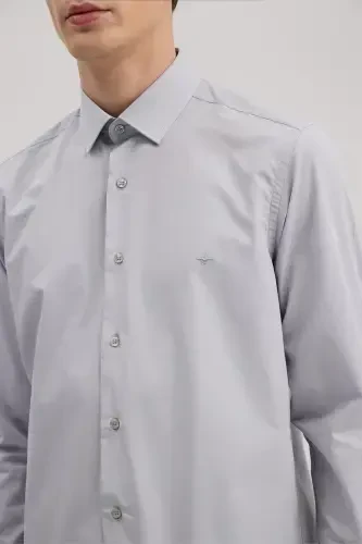 Gri Slim Fit İtalyan Yaka Klasik Kravatlık Pamuklu Gömlek - 3