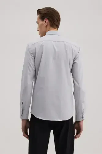 Gri Slim Fit İtalyan Yaka Klasik Kravatlık Pamuklu Gömlek - 4
