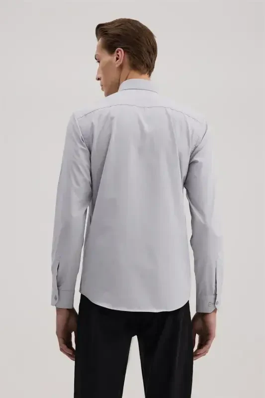Gri Slim Fit İtalyan Yaka Klasik Kravatlık Pamuklu Gömlek - 4