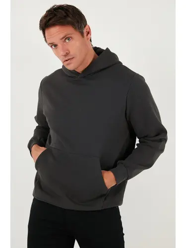 Gri Slim Fit Kapüşonlu Kanguru Cepli İçi Tüylü Yumuşak Şardonlu Erkek Sweat 5905281-Gri - 3