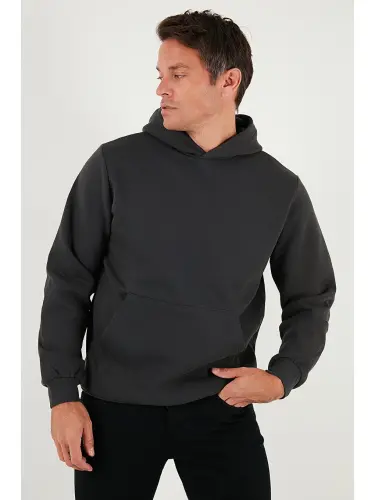 Gri Slim Fit Kapüşonlu Kanguru Cepli İçi Tüylü Yumuşak Şardonlu Erkek Sweat 5905281-Gri - 4