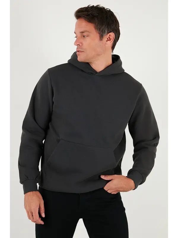 Gri Slim Fit Kapüşonlu Kanguru Cepli İçi Tüylü Yumuşak Şardonlu Erkek Sweat 5905281-Gri - 4