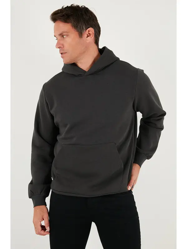 Gri Slim Fit Kapüşonlu Kanguru Cepli İçi Tüylü Yumuşak Şardonlu Erkek Sweat 5905281-Gri - 5