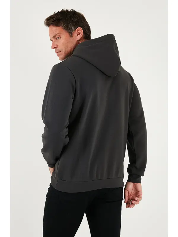 Gri Slim Fit Kapüşonlu Kanguru Cepli İçi Tüylü Yumuşak Şardonlu Erkek Sweat 5905281-Gri - 6
