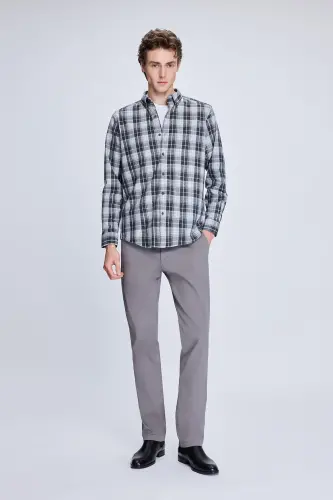 Gri Slim Fit Kareli Düğmeli Yaka Uzun Kollu Pamuklu Gömlek-Gri - 2