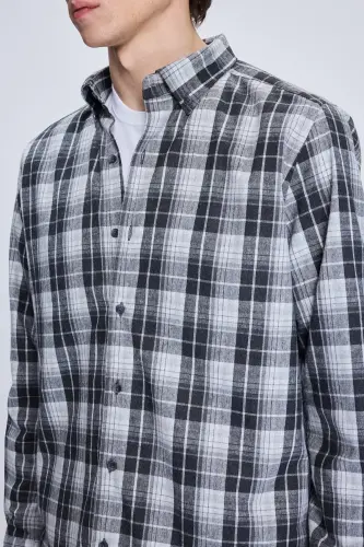 Gri Slim Fit Kareli Düğmeli Yaka Uzun Kollu Pamuklu Gömlek-Gri - 4