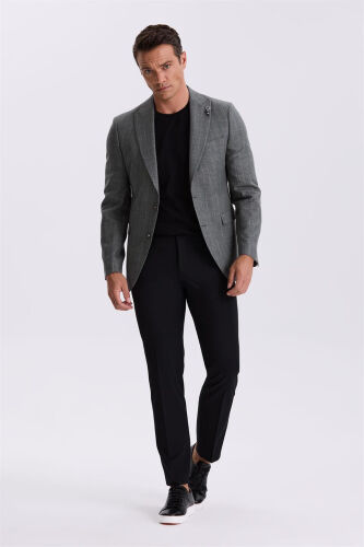 Gri Slim Fit Kırlangıç Yaka Çizgili Keten Pamuk Mevsimlik Ceket - Modazone (1)