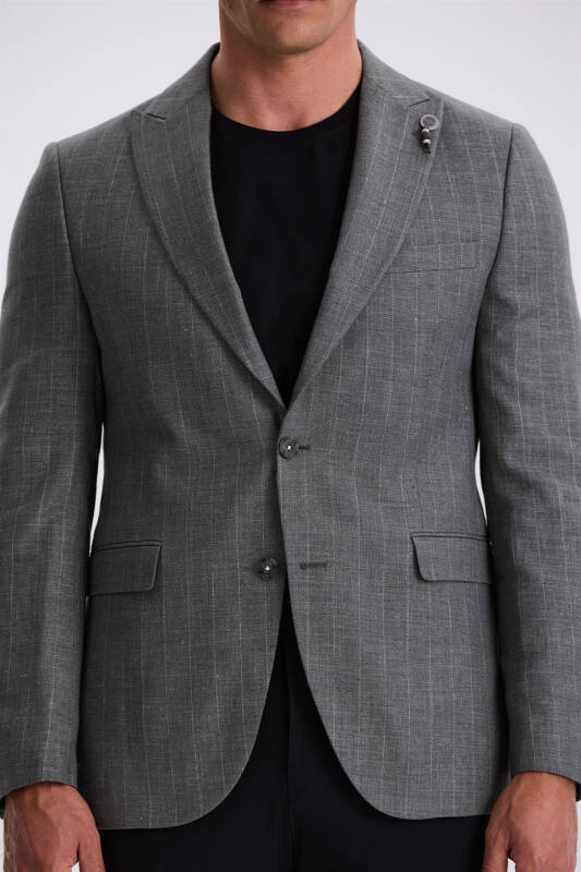 Gri Slim Fit Kırlangıç Yaka Çizgili Keten Pamuk Mevsimlik Ceket - 3