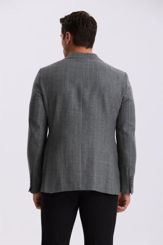 Gri Slim Fit Kırlangıç Yaka Çizgili Keten Pamuk Mevsimlik Ceket - 4