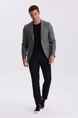 Gri Slim Fit Kırlangıç Yaka Çizgili Keten Pamuk Mevsimlik Ceket - Modazone (1)