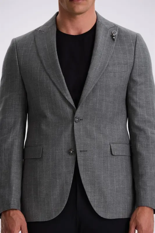 Gri Slim Fit Kırlangıç Yaka Çizgili Keten Pamuk Mevsimlik Ceket - 3