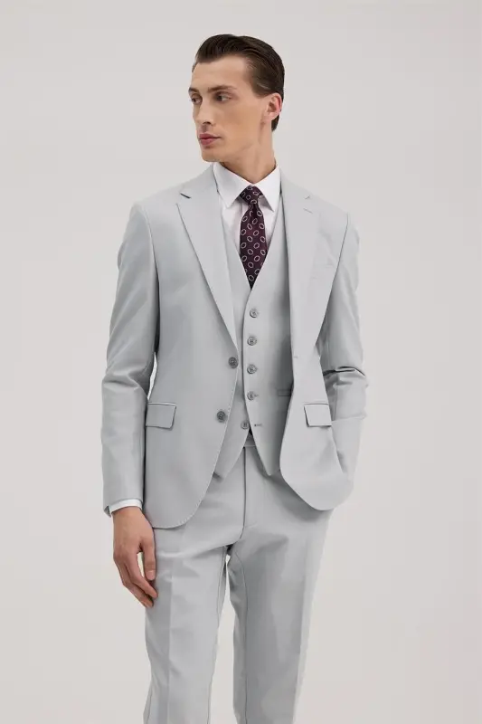 Gri Slim Fit Mono Yaka Çift Yırtmaçlı Yelekli Takım Elbise - 2