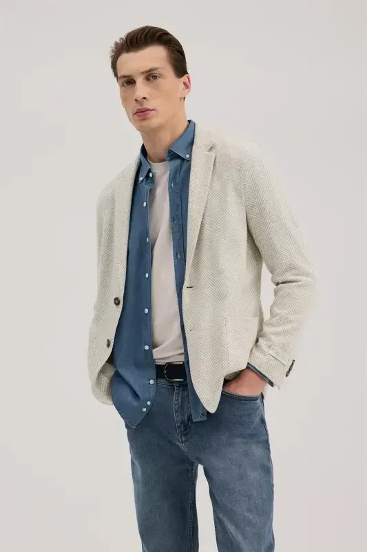 Gri Slim Fit Mono Yaka Desenli Ceket - JAKAMEN