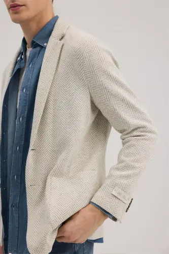 Gri Slim Fit Mono Yaka Desenli Ceket - 3