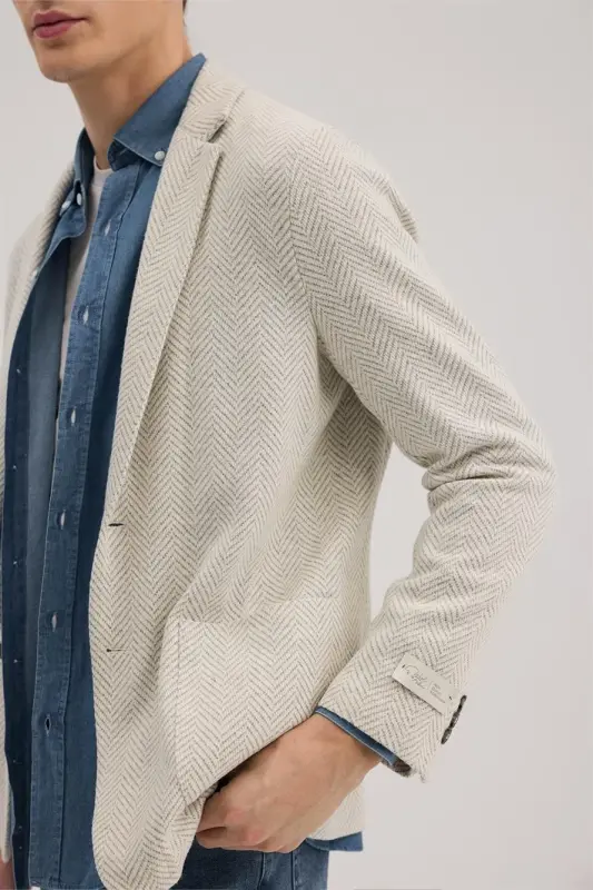 Gri Slim Fit Mono Yaka Desenli Ceket - 3