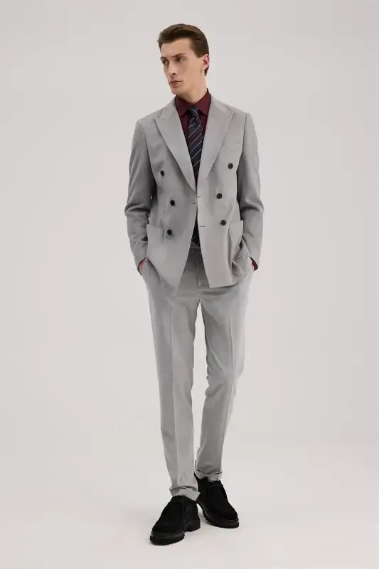 Gri Slim Fit Mono Yaka Kruvaze Ceket - JAKAMEN