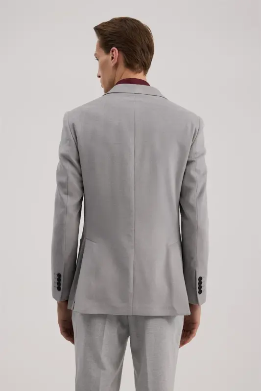 Gri Slim Fit Mono Yaka Kruvaze Ceket - 4