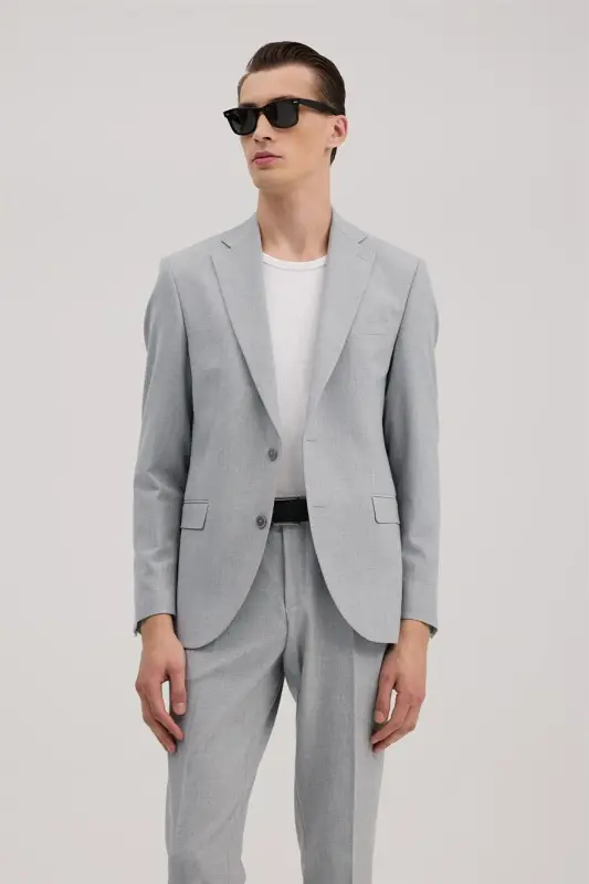 Gri Slim Fit Mono Yaka Takım Elbise - 2