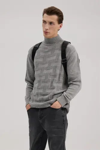 Gri Slim Fit Tam Balıkçı Yaka Desenli Triko Kazak - 2