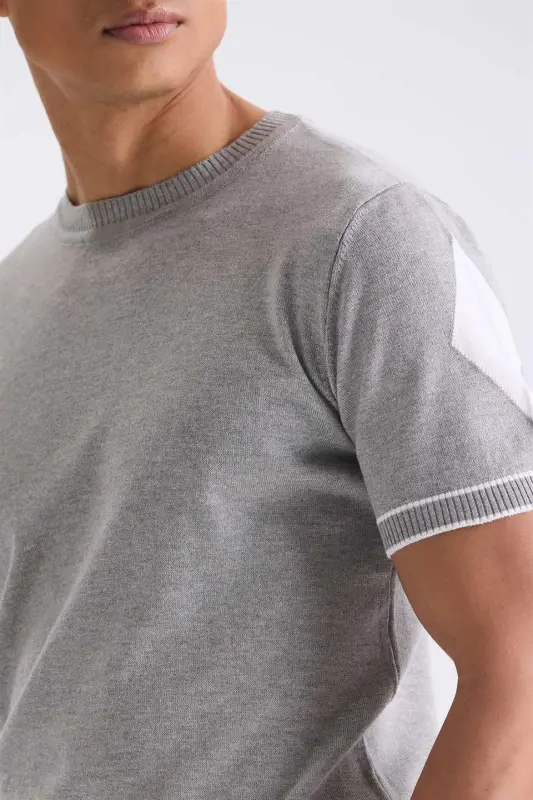 Gri Slim Fit Triko Bisiklet Yaka T-Shirt - 1