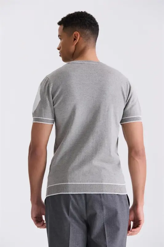 Gri Slim Fit Triko Bisiklet Yaka T-Shirt - 2