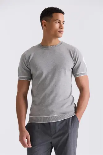 Gri Slim Fit Triko Bisiklet Yaka T-Shirt - 3