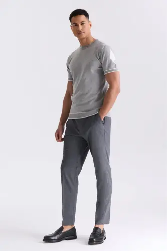Gri Slim Fit Triko Bisiklet Yaka T-Shirt - 4