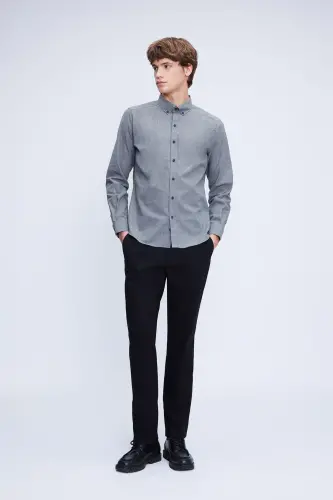 Gri Slim Fit Uzun Kollu Düğmeli Yaka Pamuklu Gömlek - Gri-01 - Hatemoğlu (1)