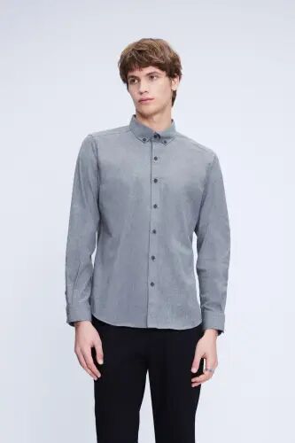Gri Slim Fit Uzun Kollu Düğmeli Yaka Pamuklu Gömlek - Gri-01 - 1