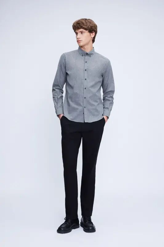 Gri Slim Fit Uzun Kollu Düğmeli Yaka Pamuklu Gömlek - Gri-01 - 2