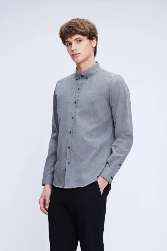 Gri Slim Fit Uzun Kollu Düğmeli Yaka Pamuklu Gömlek - Gri-01 - 3