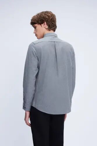 Gri Slim Fit Uzun Kollu Düğmeli Yaka Pamuklu Gömlek - Gri-01 - 5