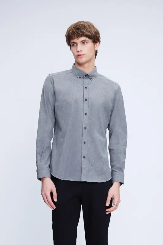 Gri Slim Fit Uzun Kollu Düğmeli Yaka Pamuklu Gömlek - Gri-01 - Hatemoğlu