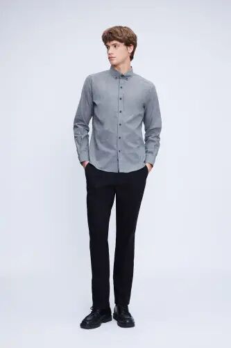 Gri Slim Fit Uzun Kollu Düğmeli Yaka Pamuklu Gömlek - Gri-01 - Hatemoğlu (1)