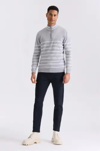 Gri Slim Fit Yarım Balıkçı Triko Kazak - JAKAMEN (1)